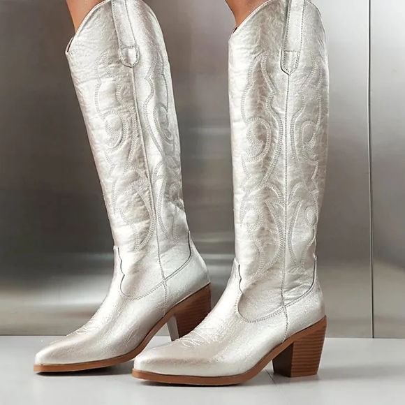 Shoes - SILVER METALLIC EMBROIDED KNEE HIGH BOOT